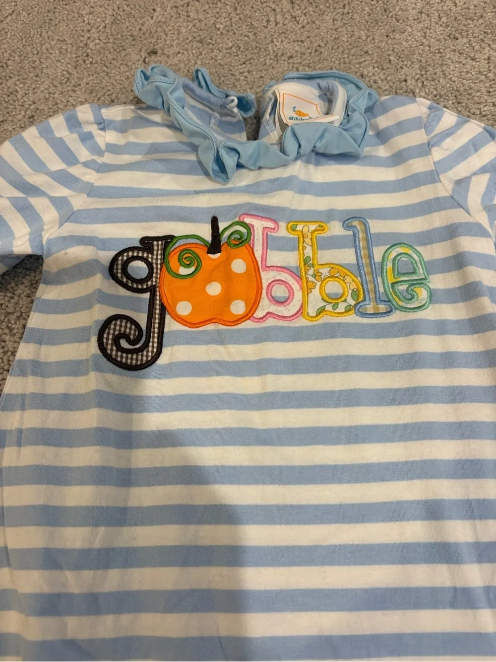 Girls Blue & White Stripe 'Gobble' Ruffle Neck Footie